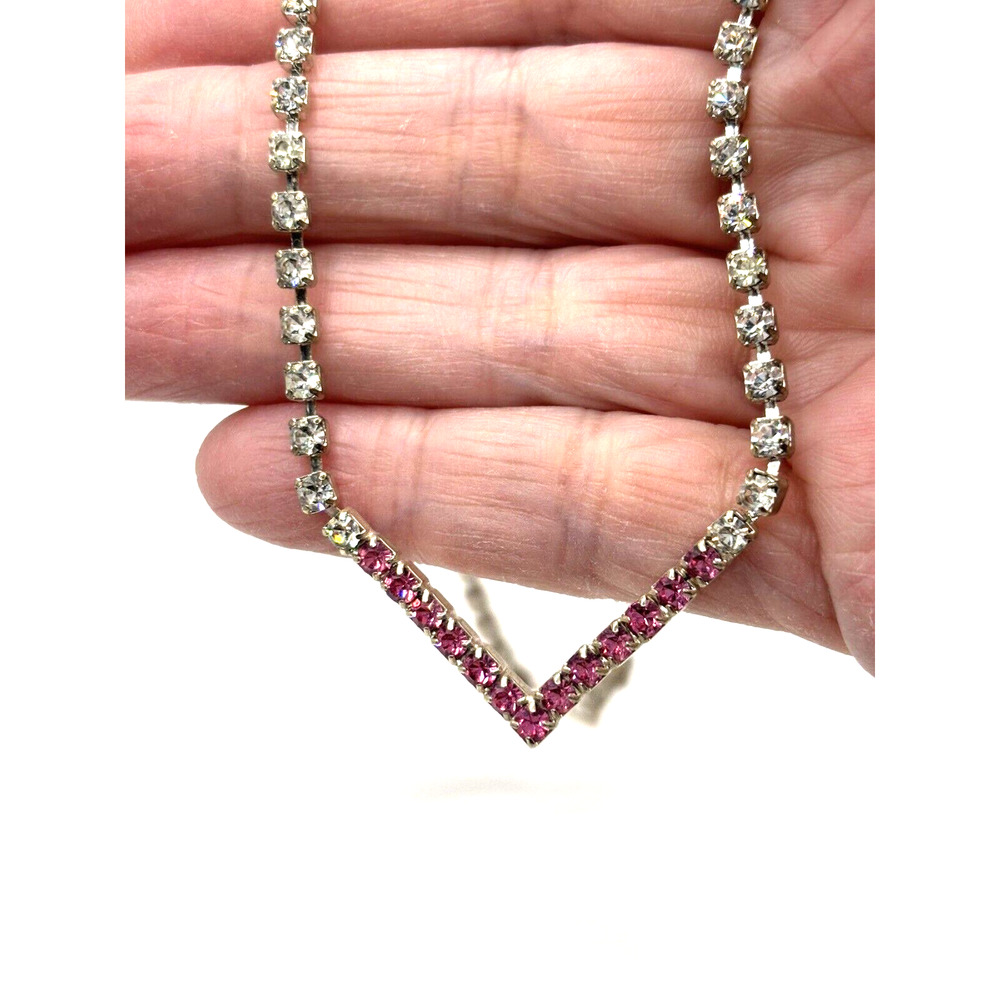 VTG Vintage Rhinestone Necklace Clear Pink‎ J1-3027